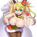  antlers asamura_hiori bangs bare_shoulders black_legwear blonde_hair blush breasts bursting_breasts cleavage commentary_request cowboy_shot fingerless_gloves fur-trimmed_gloves fur_trim gene_(pso2) gloves hair_between_eyes hand_on_hip hand_up hat highres large_breasts leaning_forward long_hair looking_at_viewer mechanical_ears mini_hat mini_top_hat open_mouth pantyhose phantasy_star phantasy_star_online_2 red_gloves sack santa_costume sidelocks simple_background smile solo top_hat twintails v white_background 