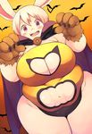  1girl akitaka_(mcdonnell-douglas) animal_ears belly breasts fat furry halloween large_breasts navel plump rabbit red_eyes solo white_hair 