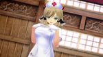  1girl 3d animal_ears bell bell_collar blonde_hair blue_eyes blush collar cow_ears dress dutch_angle gloves half-closed_eyes hands_on_own_chest hands_together hands_up haruka_(senran_kagura) hat highres horns indoors looking_at_viewer nurse nurse_cap open_mouth pink_neckwear red_cross senran_kagura short_hair short_sleeves smile solo standing uniform white_dress white_gloves white_hat window 