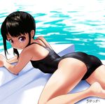  ass black_hair black_swimsuit brown_eyes commentary_request looking_at_viewer lying on_stomach one-piece_swimsuit original pool rohitsuka school_swimsuit solo swimsuit water 