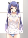  areolae arms_behind_back ass_visible_through_thighs blue_eyes blue_hair blue_panties breasts cameltoe closed_mouth collarbone eyebrows_visible_through_hair hair_ribbon highres john_doe_shinobu long_hair looking_at_viewer medium_breasts nipples no_bra no_pants original panties ribbon see-through shirt smile solo t-shirt twintails underwear wet wet_clothes white_shirt 