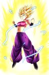  aqua_eyes aura baggy_pants bare_shoulders big_hair blonde_hair breasts caulifla crop_top dragon_ball dragon_ball_super electricity eyelashes floating grin highres impossible_clothes medium_breasts navel pants purple_pants shinopia shiny shiny_hair simple_background smile solo spiked_hair super_saiyan super_saiyan_2 vambraces white_background 