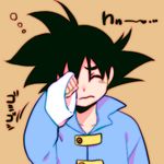  black_hair blue_shirt closed_eyes dragon_ball dragon_ball_z hand_on_own_face lowres male_focus rochiko_(bgl6751010) shirt short_hair simple_background sleepy solo son_goten spiked_hair translation_request 