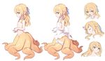  :d bangs bare_shoulders blonde_hair blue_ribbon breasts closed_eyes closed_mouth dress expressions eyebrows_visible_through_hair fang from_side hair_between_eyes hair_ribbon horizontal_pupils kyuri_tizu leg_garter long_hair looking_at_viewer looking_to_the_side monster_girl multiple_views nude open_mouth original own_hands_together pointy_ears ribbon scylla short_eyebrows simple_background sleeping sleeveless sleeveless_dress small_breasts smile syrene_(kyuri_tizu) tentacles white_background white_dress zzz 