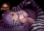  alternate_costume azur_lane bed bed_sheet belfast_(azur_lane) black_panties blanket blue_eyes blush braid breasts byte_(allbyte) chain cleavage closed_mouth collarbone commentary_request dark_background foreshortening french_braid gloves large_breasts long_hair long_sleeves looking_at_viewer lying nose_blush on_bed on_side panties pillow pink_hair pink_shirt shirt smile solo striped_pillow tareme thigh_gap thighs under_covers underwear white_gloves 