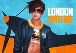  abs absurdres aviator_sunglasses brown_hair casual commentary crop_top e-sports earrings eyebrows flat_chest freckles highres jacket jewelry lips london_spitfire monori_rogue navel nose open_clothes open_jacket overwatch overwatch_(logo) overwatch_league parted_lips short_hair solo spiked_hair spitfire_(airplane) sunglasses toned tracer_(overwatch) track_jacket 