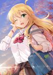  ;d ahoge bag blonde_hair clothes_around_waist diffraction_spikes green_eyes hoshii_miki idolmaster idolmaster_(classic) lens_flare long_hair miri_(ago550421) one_eye_closed open_mouth plaid plaid_skirt school_bag school_uniform skirt smile solo sweater_around_waist 