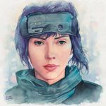  blue_eyes blue_hair bob_cut commentary cyberpunk cyborg ghost_in_the_shell headgear hector_trunnec kusanagi_motoko lips millipen_(medium) poncho portrait realistic scarlett_johannson science_fiction short_hair signature smirk traditional_media vr_visor watercolor_(medium) 