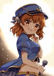  araki_hina blush brown_hair dress hat idolmaster idolmaster_cinderella_girls microphone red_eyes short_hair smile 