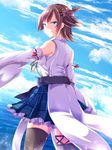  blue_eyes blue_sky boots brown_hair cloud cowboy_shot day detached_sleeves flipped_hair from_behind green_skirt hairband headgear hiei_(kantai_collection) horizon kantai_collection looking_at_viewer looking_back nanoha-h nontraditional_miko plaid plaid_skirt pleated_skirt ribbon-trimmed_sleeves ribbon_trim short_hair skirt sky solo standing thigh_boots thighhighs twitter_username water 