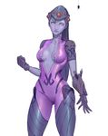  bad_id bad_pixiv_id bodysuit breasts bug center_opening clenched_hand cowboy_shot earrings gloves hair_between_eyes hair_pulled_back head_mounted_display highres jewelry lipstick long_hair looking_away makeup medium_breasts nose overwatch pink_bodysuit ponytail purple_lips purple_lipstick purple_skin shiny shiny_clothes short_sleeves simple_background sketch solo spider spider_tattoo stud_earrings visor white_background widowmaker_(overwatch) yeedeea yellow_eyes 