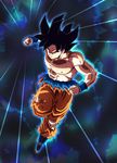  abs aura biceps black_hair dragon_ball dragon_ball_super frown grey_eyes highres incoming_punch looking_at_viewer male_focus muscle nipples pants scuffed shinopia shirtless solo son_gokuu spiked_hair torn_clothes torn_pants ultra_instinct wristband 