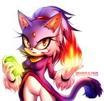  2017 anthro black_nose blaze_the_cat breasts cat clothing dipstick_tail english_text feline female fire fur gem gloves hair holding_object jacket mammal multicolored_tail pants ponytail purple_fur purple_hair shadisfaction simple_background solo sonic_(series) text white_fur yellow_eyes 