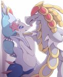  ambiguous_gender anthro blush breasts claws dragon duo female female/ambiguous hair kajinchu kommo-o long_hair mammal marine nintendo pink_nose pinniped pok&eacute;mon pok&eacute;mon_(species) primarina simple_background video_games 