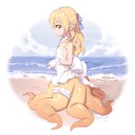  bangs bare_shoulders beach blonde_hair blue_ribbon closed_mouth dated dress from_side full_body hair_between_eyes hair_ribbon horizontal_pupils kyuri_tizu leg_garter long_hair looking_at_viewer looking_to_the_side monster_girl ocean original outdoors own_hands_together pointy_ears ribbon sand scylla short_eyebrows signature sleeveless sleeveless_dress smile solo standing syrene_(kyuri_tizu) tentacles white_dress 