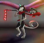  anthro cake claws clothing fire food fur grey_background hair hammer holding_object holding_weapon jat_kittag male melee_weapon nude scarf sergal shadarrius simple_background smile solo standing tools video_games warframe weapon 