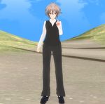  3d ahoge bangs black_footwear black_pants brown_hair command_spell commentary fate/apocrypha fate_(series) long_pants long_sleeves looking_at_viewer male_focus pants red_eyes sansei_gomesu shirt shoes short_hair sieg_(fate/apocrypha) solo waistcoat white_shirt 