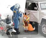  ambiguous_gender animal_humanoid better_version_at_source car clothing doitsuken fangs female human humanoid inner_ear_fluff mammal motorcycle police red_eyes size_difference uniform vehicle 