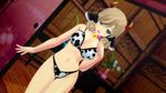  1girl 3d animal_ears bell bell_collar blonde_hair blue_eyes blue_flower blush bra collar collarbone cow_ears cow_print door dutch_angle flower half-closed_eyes hand_up haruka_(senran_kagura) highres horns indoors looking_at_viewer navel open_mouth panties pink_neckwear senran_kagura short_hair smile solo standing table underwear underwear_only vase 