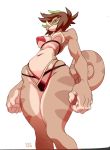  2015 5_fingers anthro bikini biped breasts brown_hair brown_scales brown_tail chameleon chimereon clair_(seel_kaiser) clothed clothing curled_tail female green_eyes green_horn green_sclera hair horn jackson&#039;s_chameleon lizard looking_at_viewer low-angle_view navel nipple_bulge non-mammal_breasts portrait reptile scales scalie seel_kaiser short_hair simple_background skimpy smile solo standing swimsuit tan_scales three-quarter_portrait tusks white_background 