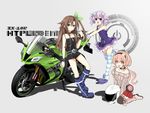  bare_shoulders bow brown_hair choker choujigen_taisen_neptune_vs_sega_hard_girls compa d-pad d-pad_hair_ornament green_eyes ground_vehicle hair_bow hair_ornament highres if_(choujigen_game_neptune) kawasaki motor_vehicle motorcycle multiple_girls neptune_(choujigen_game_neptune) neptune_(series) purple_eyes purple_hair sitting striped striped_legwear sweater zero_(ray_0805) 