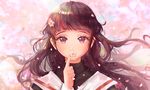  artist_name bangs blunt_bangs blurry blurry_background blush brown_eyes brown_hair cardcaptor_sakura cherry_blossoms covered_mouth daidouji_tomoyo depth_of_field flower hair_flower hair_ornament index_finger_raised long_hair long_sleeves looking_at_viewer numyumy outdoors petals shiny shiny_hair solo tareme turtleneck upper_body 