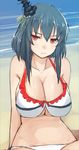  alternate_costume bare_shoulders beach bikini black_hair breasts cleavage frown jitome kantai_collection large_breasts looking_at_viewer navel pen_(pen3) red_eyes short_hair solo stomach swimsuit white_bikini yamashiro_(kantai_collection) 