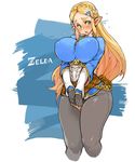  blonde_hair blush braid breasts covered_nipples curvy eyebrows fingerless_gloves flying_sweatdrops gloves green_eyes hair_ornament hairclip highres huge_breasts impossible_clothes long_hair looking_at_viewer open_mouth pants pointy_ears princess_zelda puffy_nipples sachito solo the_legend_of_zelda the_legend_of_zelda:_breath_of_the_wild thick_eyebrows thick_thighs thighs v_arms very_long_hair white_background wide_hips 