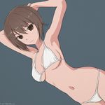  akagi_(fmttps) armpits arms_behind_head arms_up artist_name bad_id bad_twitter_id bikini breasts brown_eyes brown_hair cleavage closed_mouth colored_eyelashes cowboy_shot dutch_angle eyebrows_visible_through_hair girls_und_panzer hair_between_eyes large_breasts light_smile lips looking_at_viewer nishizumi_maho short_hair simple_background solo swimsuit tsurime white_bikini 