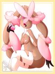  1girl alternate_color artist_name black_sclera border breasts female flower furry hand_up holding inverted_nipples legs_crossed lemoncore looking_at_viewer lopunny medium_breasts mega_lopunny mega_pokemon nipples no_humans nude pink_eyes pink_flower pokemon pokemon_(creature) pokemon_dppt shiny_pokemon signature simple_background sitting skindentation smile solo text thighhighs torn_clothes torn_legwear watermark web_address white_background white_legwear yellow_border 