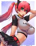  amania_orz belt breasts choker commentary_request green_eyes large_breasts long_hair looking_at_viewer midriff navel open_mouth original red_hair short_sleeves skirt solo twintails 