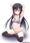  armpits arms_behind_head arms_up artist_name asashio_(kantai_collection) black_hair black_legwear blue_eyes bow bow_bra bow_panties bra breasts cameltoe commentary_request crotch_seam dated embarrassed eyebrows_visible_through_hair full_body grey_bra grey_panties groin half-closed_eyes indian_style kantai_collection long_hair looking_down medium_breasts mokerou navel on_floor panties sitting skindentation solo sports_bra thighhighs underwear underwear_only white_background white_bra 