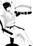  absurdres belt blush breasts chair crossed_legs full_body greyscale highres medium_breasts midriff monochrome name_tag navel norman_maggot office_chair office_lady ol-chan_(norman_maggot) original pencil_skirt shirt short_hair sitting skirt solo stretch 