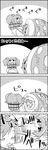  4koma bottle bow bucket cirno closed_eyes comic commentary_request crossed_arms frog_hair_ornament futon greyscale hair_bobbles hair_bow hair_ornament hammer highres kisume kochiya_sanae milk milk_bottle monochrome patterned pulling smile tani_takeshi touhou translation_request twintails wrapped_up yukkuri_shiteitte_ne 