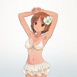  akagi_(fmttps) armpits arms_up bad_id bad_twitter_id bikini_skirt breasts brown_eyes brown_hair cleavage cowboy_shot flower front-tie_bikini front-tie_top girls_und_panzer hair_flower hair_ornament looking_at_viewer medium_breasts navel nishizumi_miho solo tan tanline thigh_gap white_background 