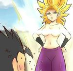  1boy 1girl artist_request aura aura_eyes bare_shoulders black_hair blonde_hair blush breasts cabba caulifla censored curvy dragon_ball dragon_ball_super female hands_on_hips hips kyabe large_breasts male pants saiyan shiny spiked_hair super_saiyan wristband 