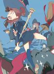  broom_riding brown_hair diana_cavendish hair_over_one_eye half-closed_eyes hat kagari_atsuko little_witch_academia long_hair lotte_jansson luna_nova_school_uniform multiple_girls pale_skin red_eyes short_hair simple_background sucy_manbavaran wand witch witch_hat yuuki_(irodo_rhythm) 