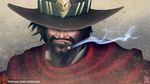  1boy beard brown_hair bullet cape cigar coldtrojan cowboy_hat face facial_hair hat male_focus mccree_(overwatch) patreon portrait red_cape smoking solo watermark 