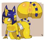  2019 4_fingers animal_crossing ankha_(animal_crossing) anthro anus ass_up bandage bangs bent_over big_breasts big_butt biped blue_eyes blue_hair blush breasts butt changbae_(artist) clothing digital_media_(artwork) domestic_cat egyptian eyelashes felid feline felis female fur hair hands_on_hips hi_res looking_back makeup mammal nintendo noseless pussy rear_view short_hair short_stack simple_background solo thick_thighs uraeus video_games voluptuous yellow_fur 