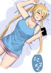  bare_shoulders blend_s blonde_hair blue_eyes blue_tank_top breasts cellphone cleavage closed_eyes cowboy_shot earphones highres hinata_kaho holding holding_phone large_breasts long_hair lying norman_maggot on_back on_bed open_mouth phone short_shorts shorts sleeping sleeveless smartphone tank_top 