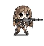  1girl animated animated_gif assault_rifle black_footwear black_legwear black_panties boots brown_hair bullet chibi daewoo_k2 girls_frontline grey_hair gun hair_ornament hairclip k-2_(girls_frontline) knee_boots lowres official_art one_side_up panties pantyhose rifle saru simple_background solo underwear weapon white_background 