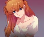  blue_eyes breasts cleavage collarbone commentary_request eyelashes gradient gradient_background head_tilt katsuoboshi long_hair looking_at_viewer neon_genesis_evangelion orange_hair shirt small_breasts solo souryuu_asuka_langley t-shirt twitter_username two_side_up upper_body white_shirt 