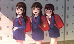  3girls :p a-801 backpack bag black_eyes black_hair blush brown_eyes brown_hair child closed_mouth cowboy_shot locker locker_room long_hair long_sleeves looking_at_viewer looking_to_the_side multiple_girls necktie open_mouth randoseru school_uniform skirt standing tongue tongue_out 