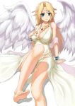  1girl barefoot blonde_hair blue_eyes bracelet breasts circlet cleavage feet ilias jewelry large_breasts long_hair looking_at_viewer mon-musu_quest! necklace pointy_ears sitting smile soles toes wings 