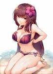  barefoot bikini breasts cleavage deru06 fate/grand_order fate_(series) flower hair_flower hair_intakes hair_ornament hibiscus large_breasts long_hair pink_bikini purple_hair red_eyes scathach_(fate)_(all) scathach_(swimsuit_assassin)_(fate) sitting swimsuit wariza 