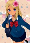  &gt;:) bag blonde_hair blue_cardigan blue_eyes blush borrowed_character bow bowtie cardigan closed_mouth collarbone collared_shirt commentary_request earrings flower gomashi_(goma) gyaru hair_flower hair_ornament hibiscus jewelry kogal leg_up long_hair long_sleeves loose_bowtie loose_socks navy_blue_skirt original pleated_skirt red_neckwear school_bag school_uniform shirt skirt smile socks solo star star_print tan v-shaped_eyebrows white_legwear white_shirt wing_collar 