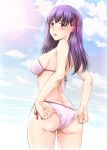  1girl adjusting_clothes adjusting_swimsuit arino_hiroshi ass bikini blue_sky blush butt_crack cloud commentary_request cowboy_shot day fate/stay_night fate_(series) from_behind hair_ribbon highres long_hair matou_sakura open_mouth outdoors purple_eyes purple_hair red_ribbon ribbon side-tie_bikini sky solo swimsuit upper_teeth 