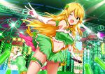  ;d ahoge bangs blonde_hair breasts commentary_request crop_top eyebrows_visible_through_hair frills gloves glowstick green_eyes green_skirt hair_between_eyes hair_ornament holding holding_microphone hoshii_miki idolmaster idolmaster_(classic) large_breasts leg_garter long_hair looking_at_viewer maruwa_tarou microphone navel one_eye_closed open_mouth skirt smile solo stage standing standing_on_one_leg star star_hair_ornament tareme 