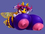  &lt;3 arthropod bee big_breasts blue_background breasts feather_boa female floating_hands huge_breasts hyper hyper_breasts insect insect_wings kirby_(series) metachoke nintendo nipples pink_areola pink_nipples purple_eyes queen_sectonia simple_background solo video_games wings 