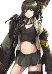  assault_rifle black_gloves black_hair black_shirt black_skirt blonde_hair blurry braid breasts brown_hair closed_mouth collarbone collared_shirt commentary cowboy_shot depth_of_field eyepatch girls_frontline gloves gun hair_over_shoulder headphones headphones_around_neck highres hiroki_ree holding jacket long_hair looking_at_viewer m16a1 m16a1_(girls_frontline) medium_breasts multicolored_hair navel off_shoulder open_clothes open_shirt pleated_skirt rifle shirt skirt smile solo streaked_hair tied_shirt weapon white_background wing_collar 